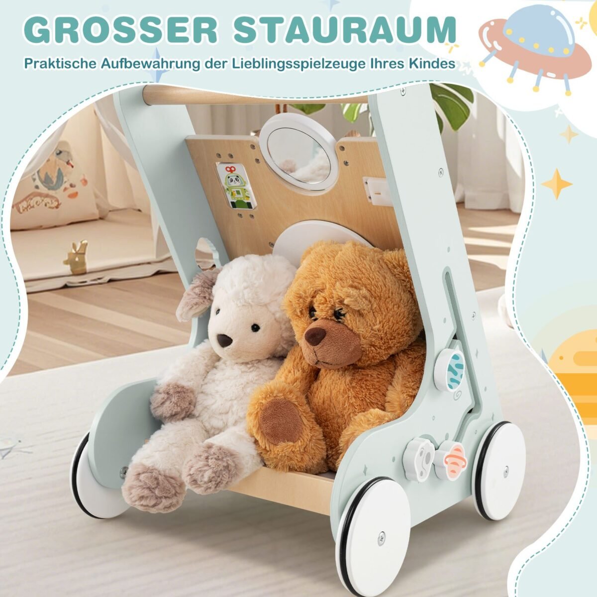 Medinis stumiamasis ir traukiamasis vežimėlis su lavinamaisiais elementais (Žalia)