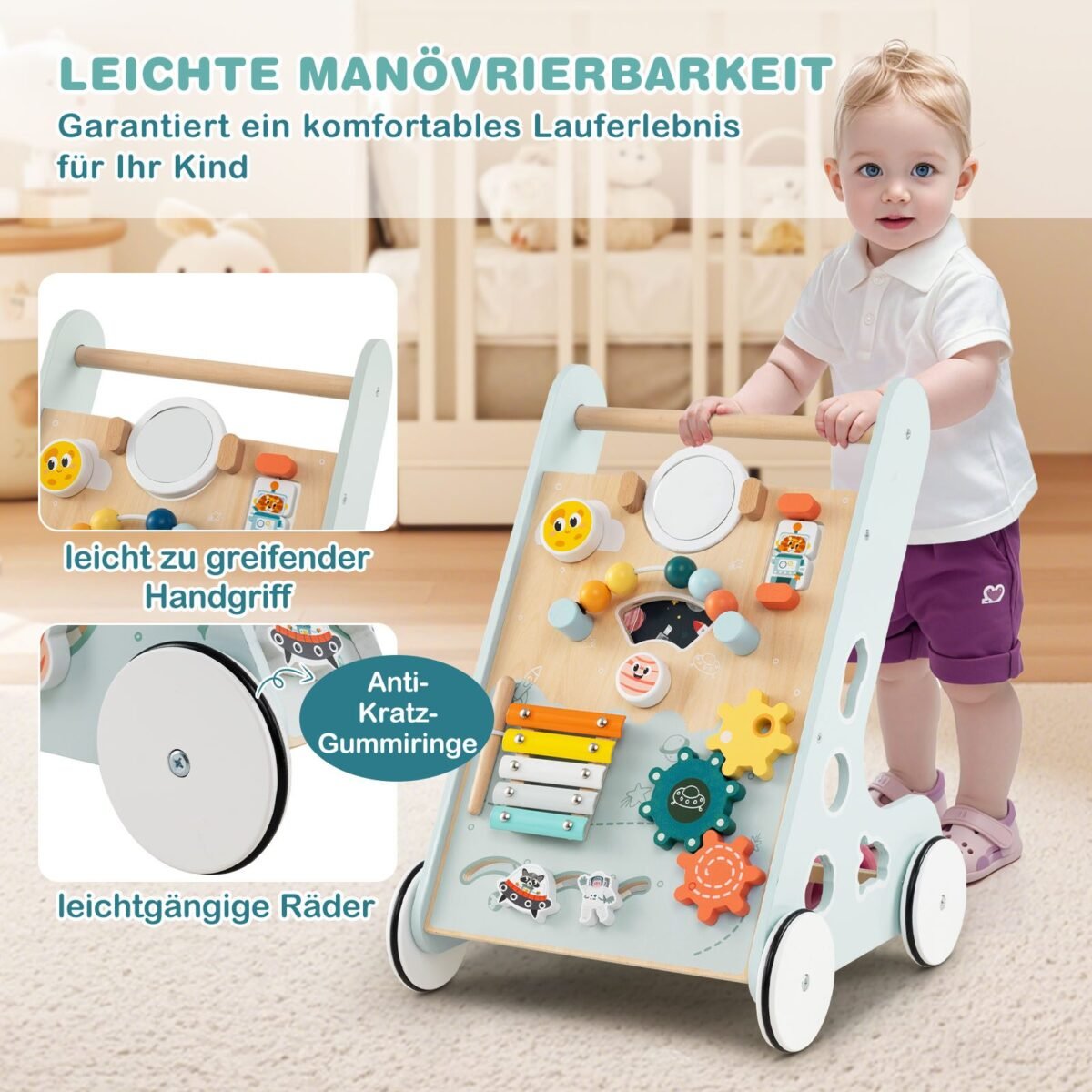 Medinis stumiamasis ir traukiamasis vežimėlis su lavinamaisiais elementais (Žalia)