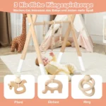 Medinis kūdikio sporto stovas su trimis pakabinamais žaisliukais (Natūrali)