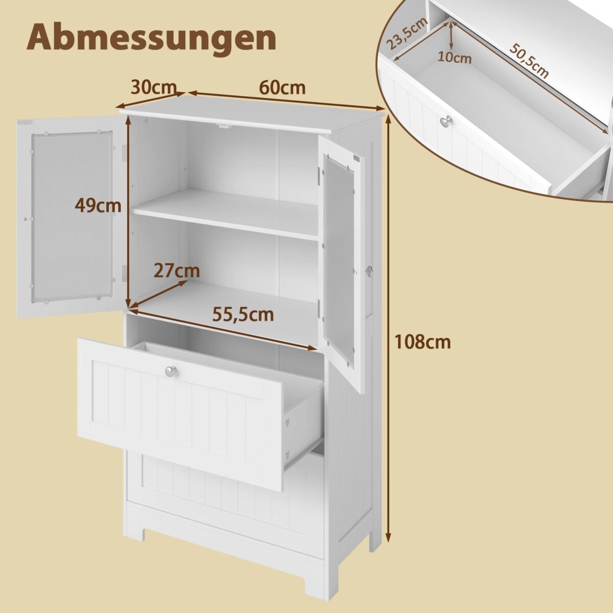 Aukšta spintelė su 2 stalčiais ir 2 stiklinėmis durimis (Balta)
