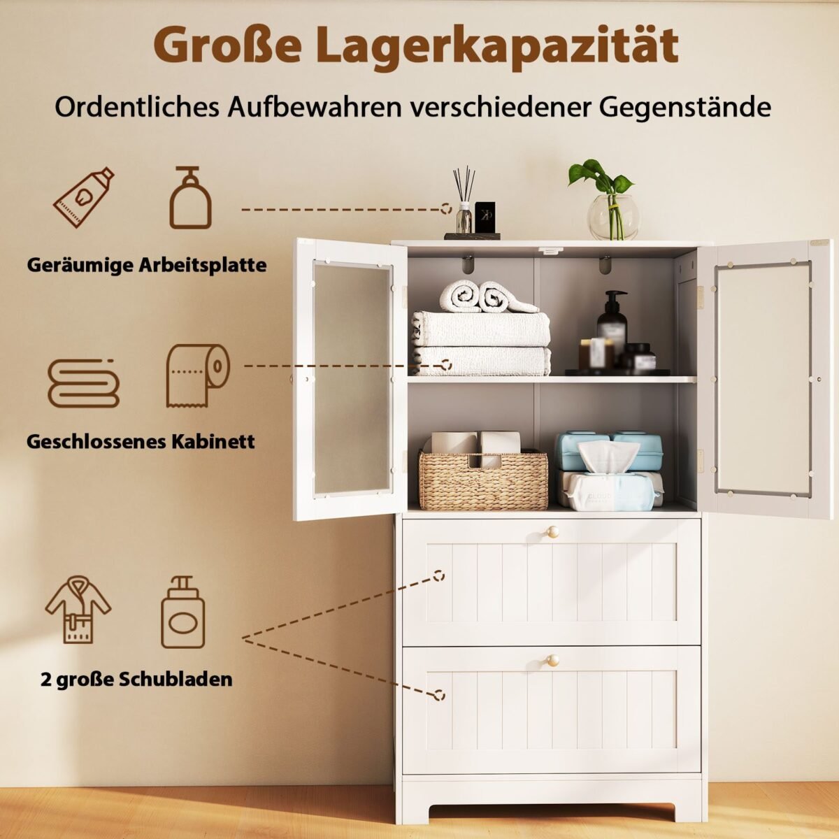 Aukšta spintelė su 2 stalčiais ir 2 stiklinėmis durimis (Balta)