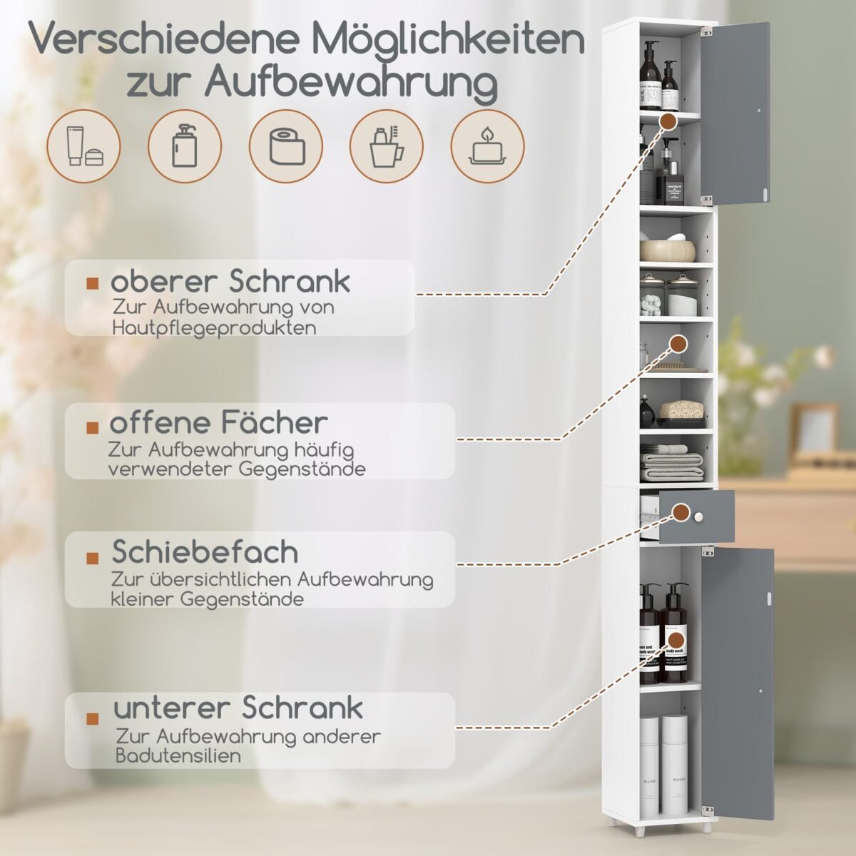 Kompaktiška vonios spintelė 20x20x180 cm (Pilka ir balta)