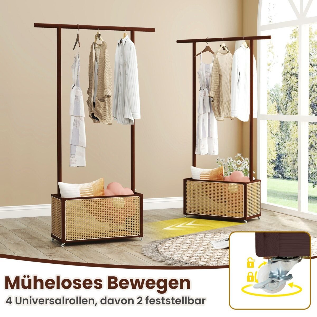 Bambukinė drabužių kabykla su ratukais ir rotangu (Ruda)