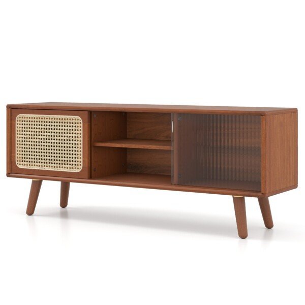 TV spintelė su stiklo durelėmis ir bambuko apdaila (Ruda)