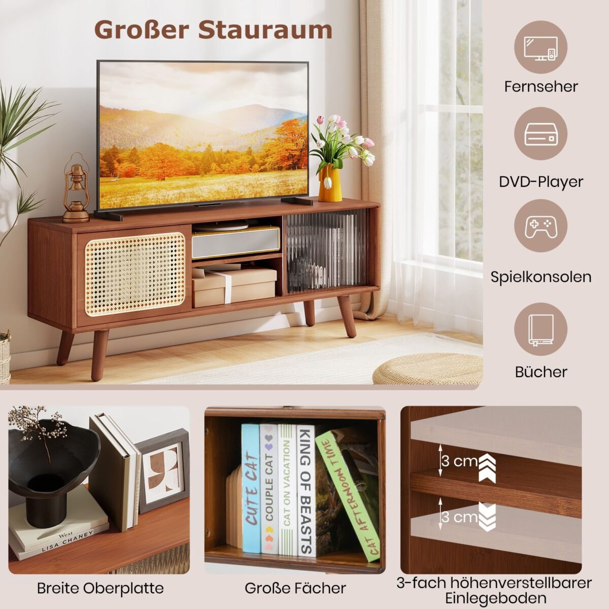 TV spintelė su stiklo durelėmis ir bambuko apdaila (Ruda)