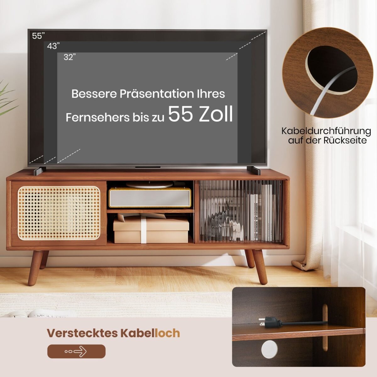 TV spintelė su stiklo durelėmis ir bambuko apdaila (Ruda)