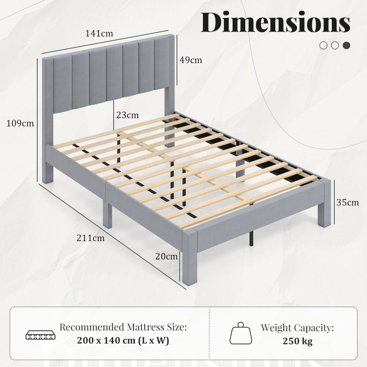 Minkštas dvigulės lovos rėmas 200x140 cm medžio masyvo kojelės pilkos spalvos (Pilka)