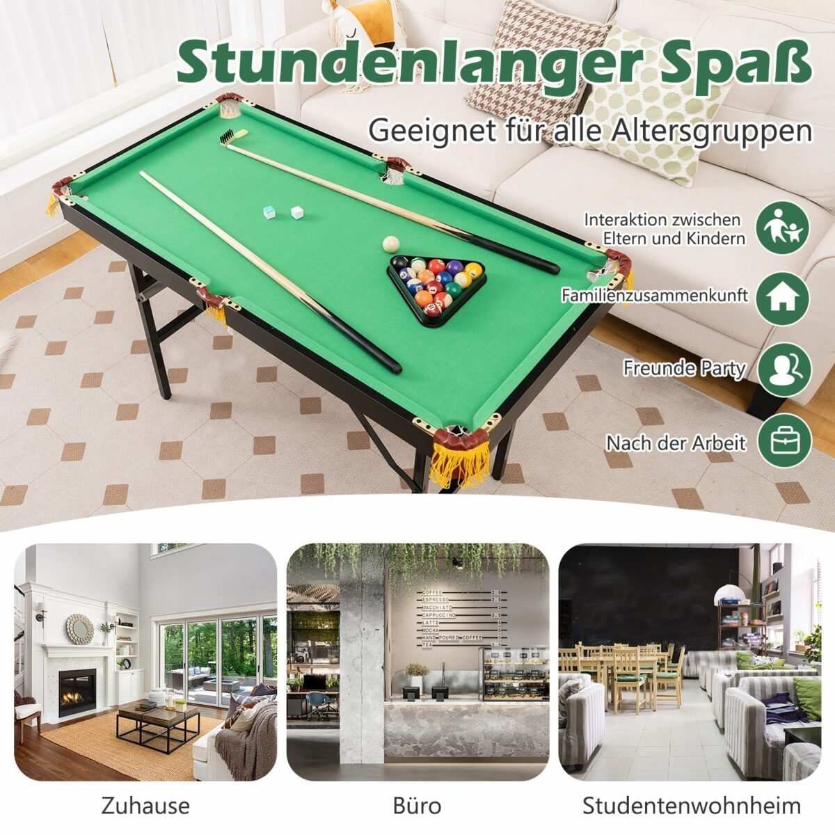 Sulankstomas biliardo stalas su priedais (Žalia)