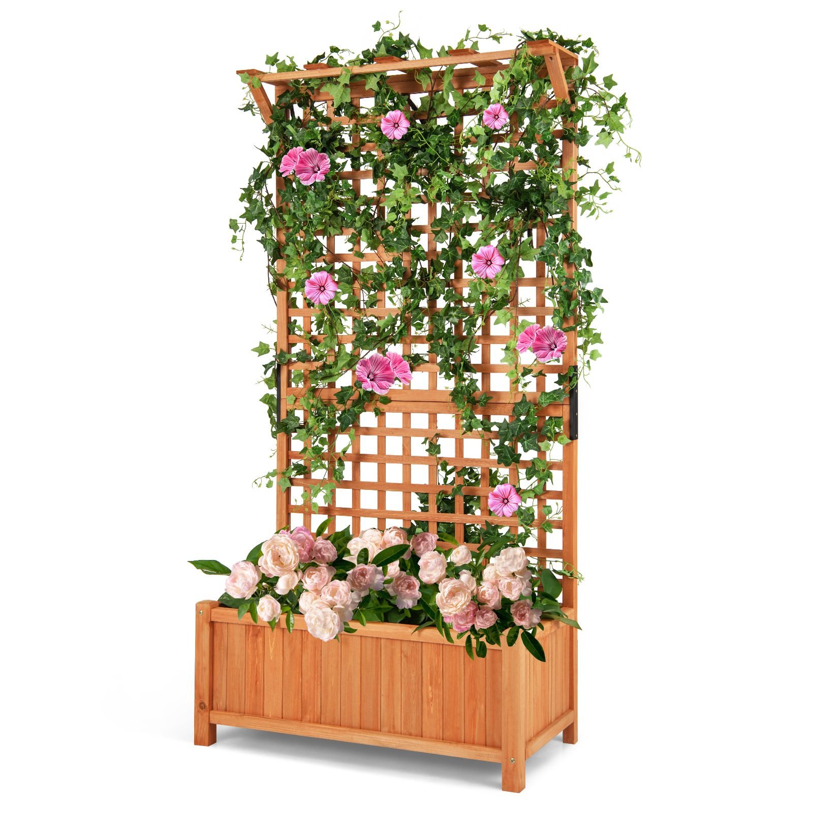 blumenkastenmitspalierdachrankgitterdrainagelchernpflanzkastengartenspalier_1754382571990_image_2 Medinis gėlių vazonas su atramine grotelėmis ir stogeliu (Natūrali)