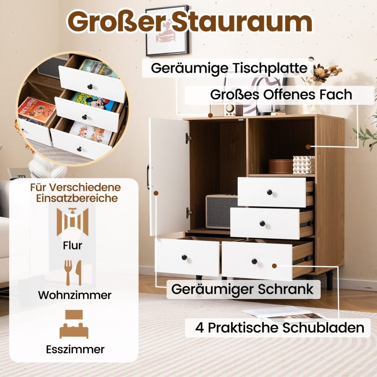 Moderni komoda su 4 stalčiais ir atviromis lentynomis (Natūrali)