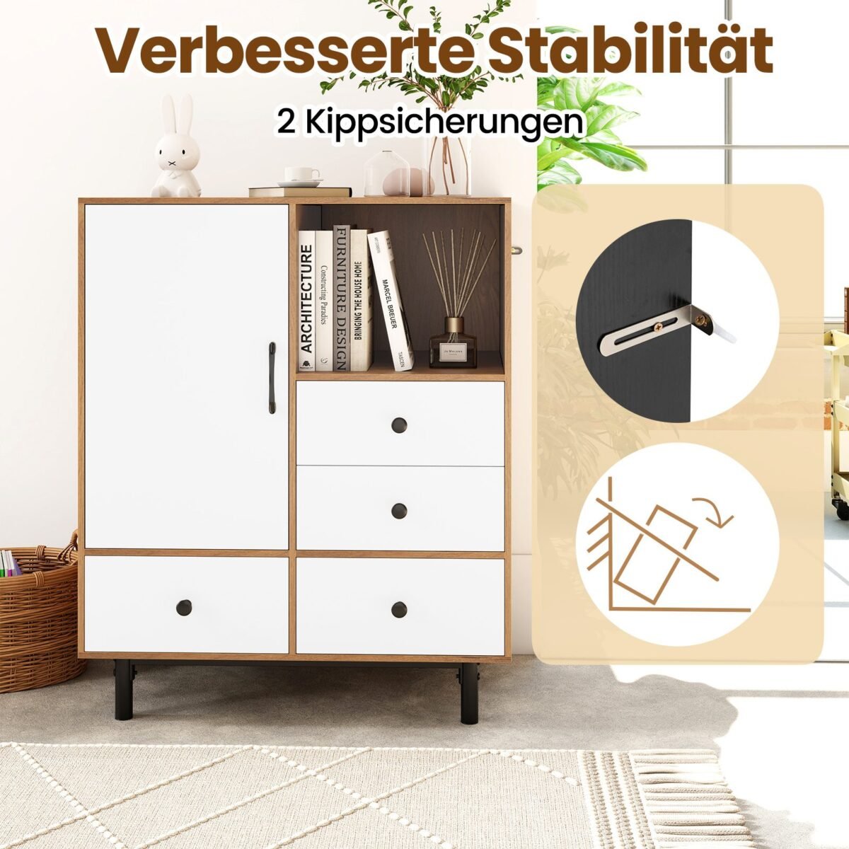 Moderni komoda su 4 stalčiais ir atviromis lentynomis (Natūrali)