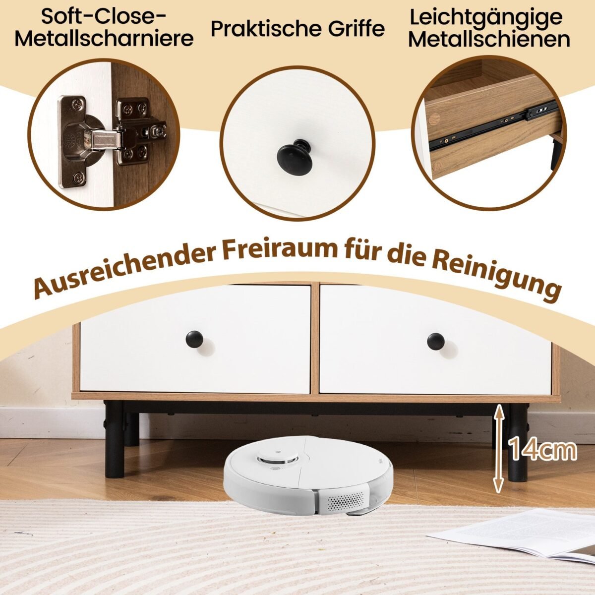 Moderni komoda su 4 stalčiais ir atviromis lentynomis (Natūrali)