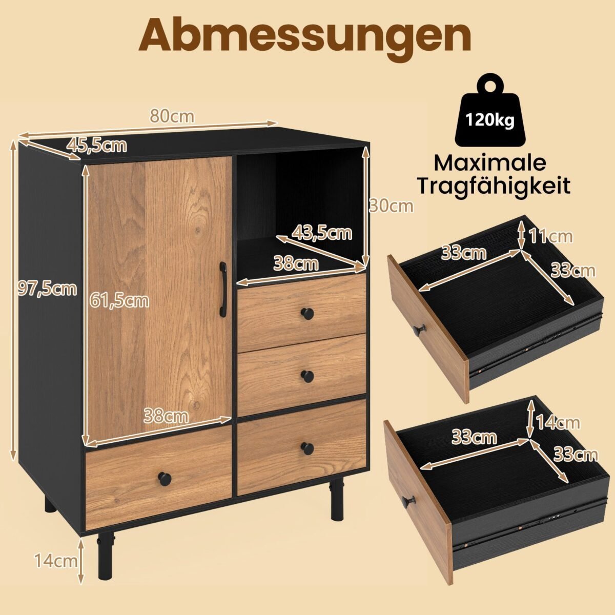 Moderni 4 stalčių komoda (Juoda)