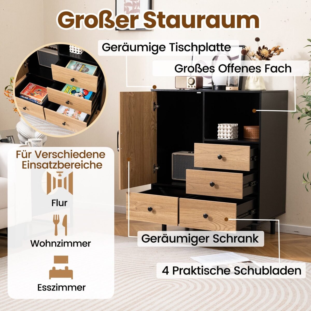 Moderni 4 stalčių komoda (Juoda)