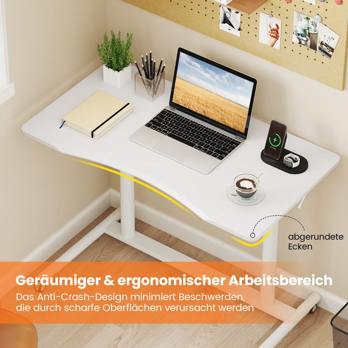 Reguliuojamo aukščio C formos stalas su ratukais (Balta)