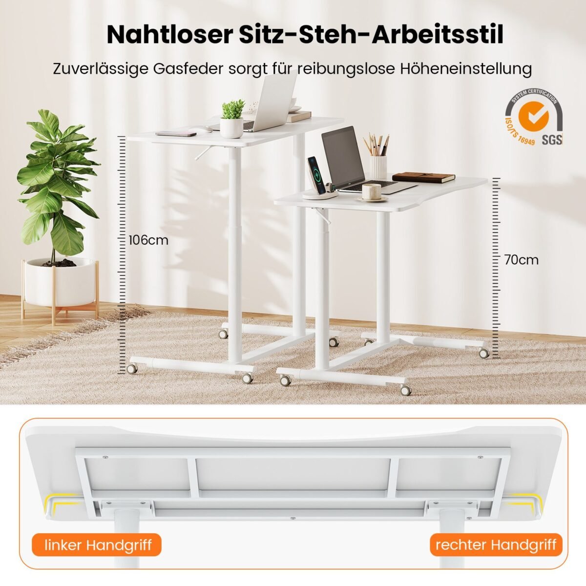 Reguliuojamo aukščio C formos stalas su ratukais (Balta)