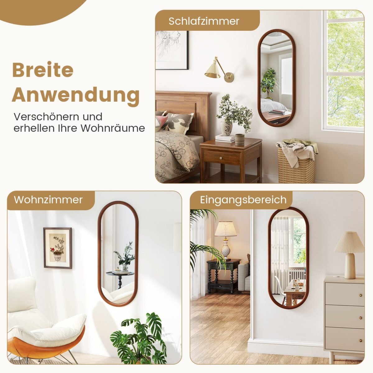 Ovalus sieninis veidrodis su mediniu rėmu 110 x 45 cm (Ruso medžio)