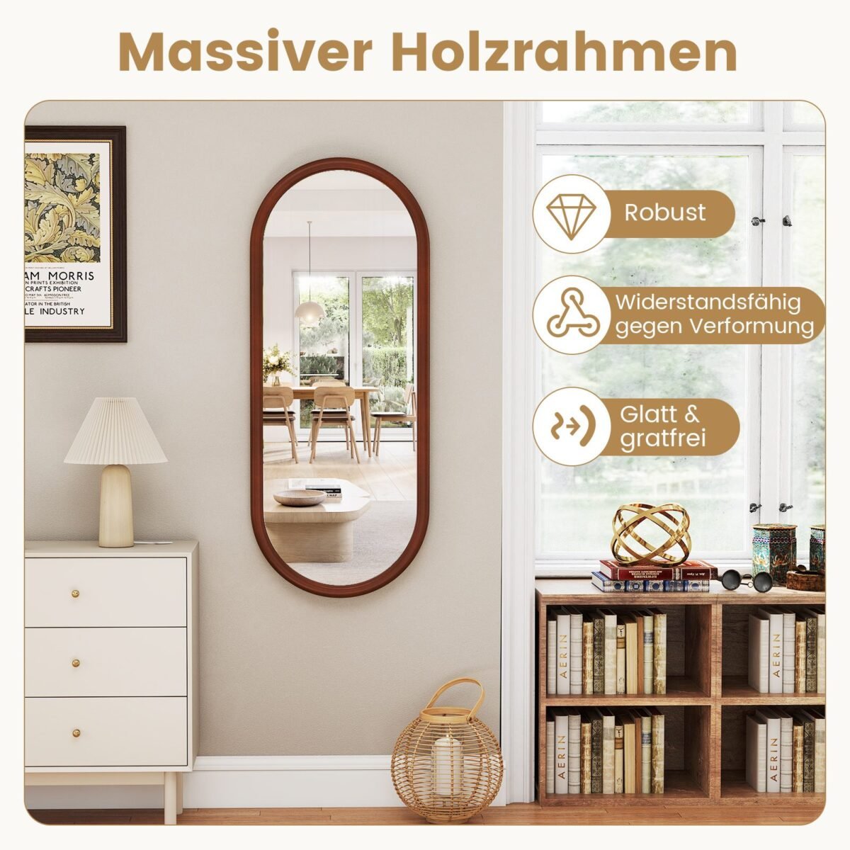 Ovalus sieninis veidrodis su mediniu rėmu 110 x 45 cm (Ruso medžio)