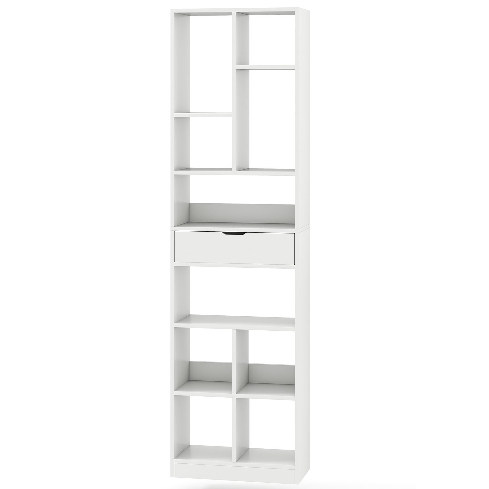 costway180cmbcherregalmitschubladestandregalmit10offenenfchernfreistehendesprsentationsregalmitkippschutzkitsfrwohnzimmerschlafzimmerarbeitszimmerwei_1752219742331_image_2 Aukšta 180 cm knygų lentyna su stalčiumi (Balta)
