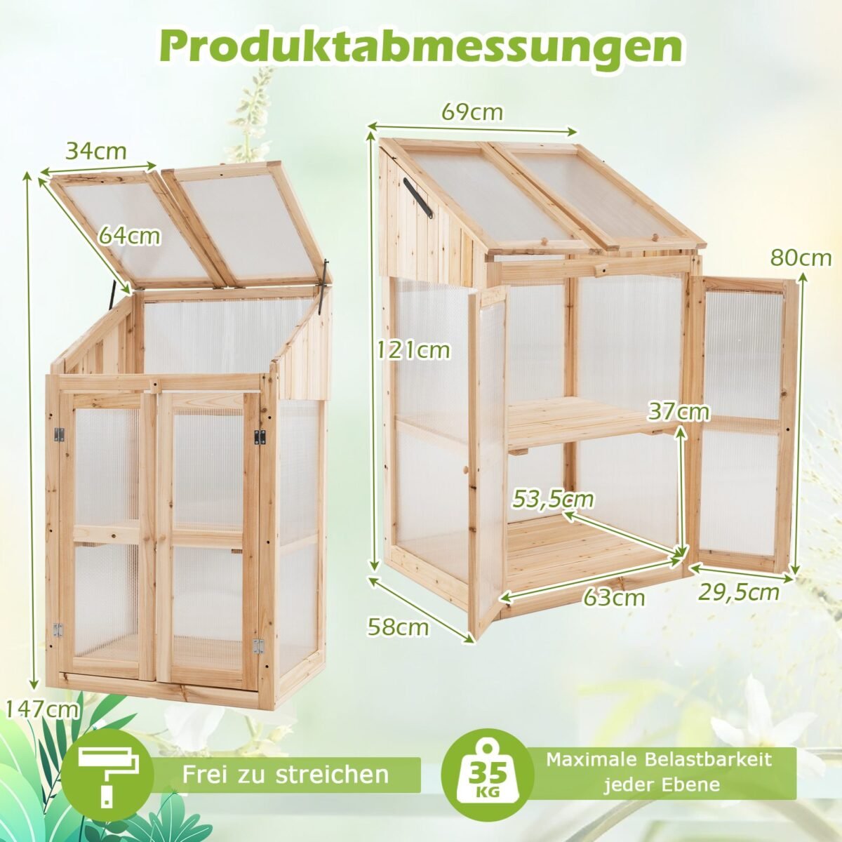 Dviaukštis medinis šiltnamis su polikarbonato plokštėmis (Natūrali)