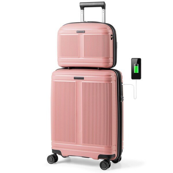 2 dalių kelioninių lagaminų rinkinys: rankinis bagažas ir kosmetikos krepšys (Rožinė)