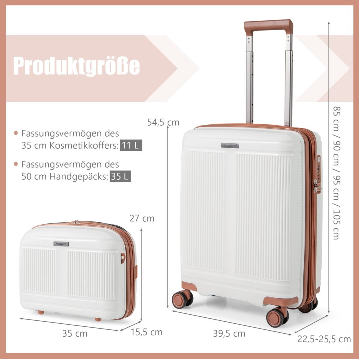 2 dalių kelioninių lagaminų rinkinys: rankinis bagažas ir kosmetinė (Balta)