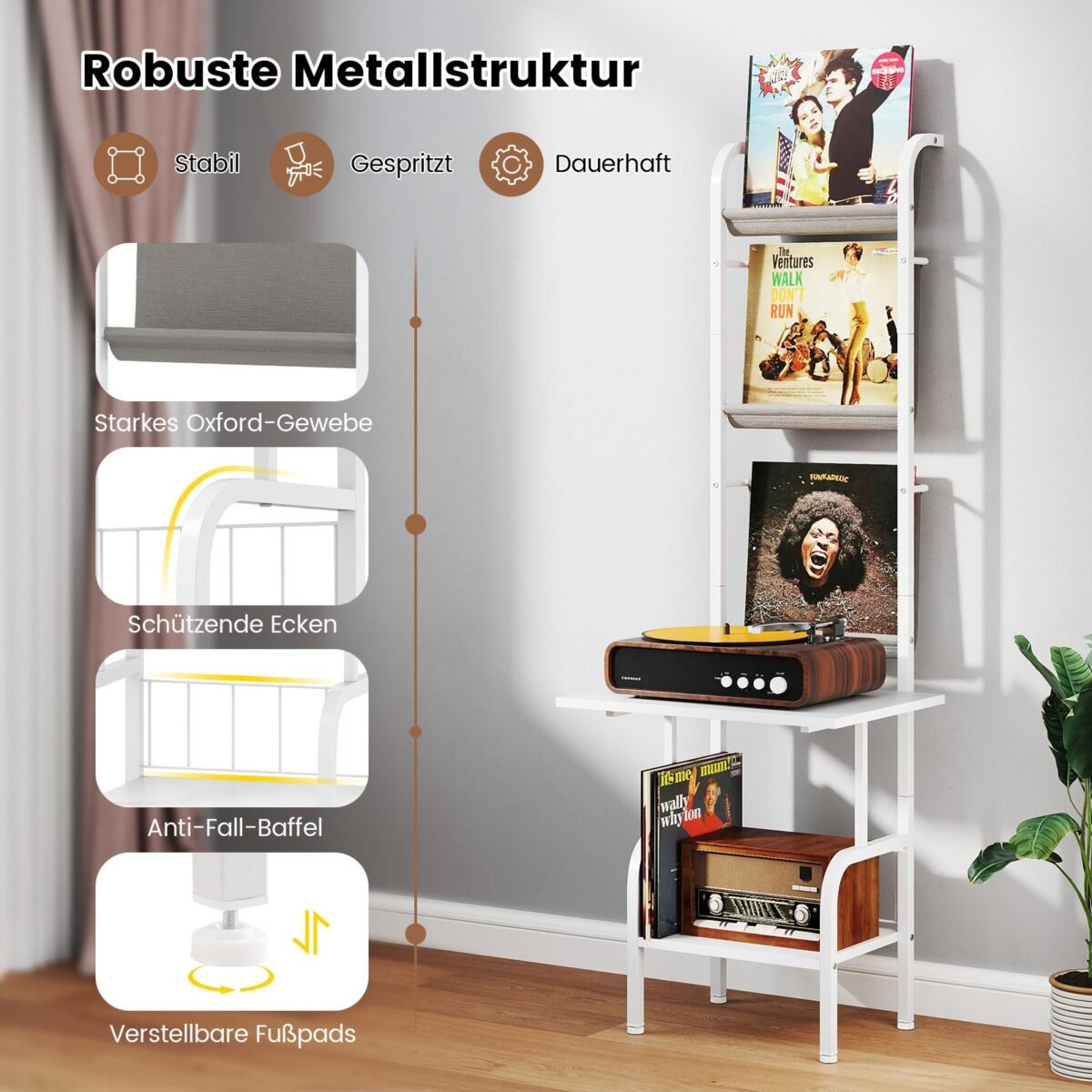 Stovimas grotuvų stovas su lentynomis (Balta)