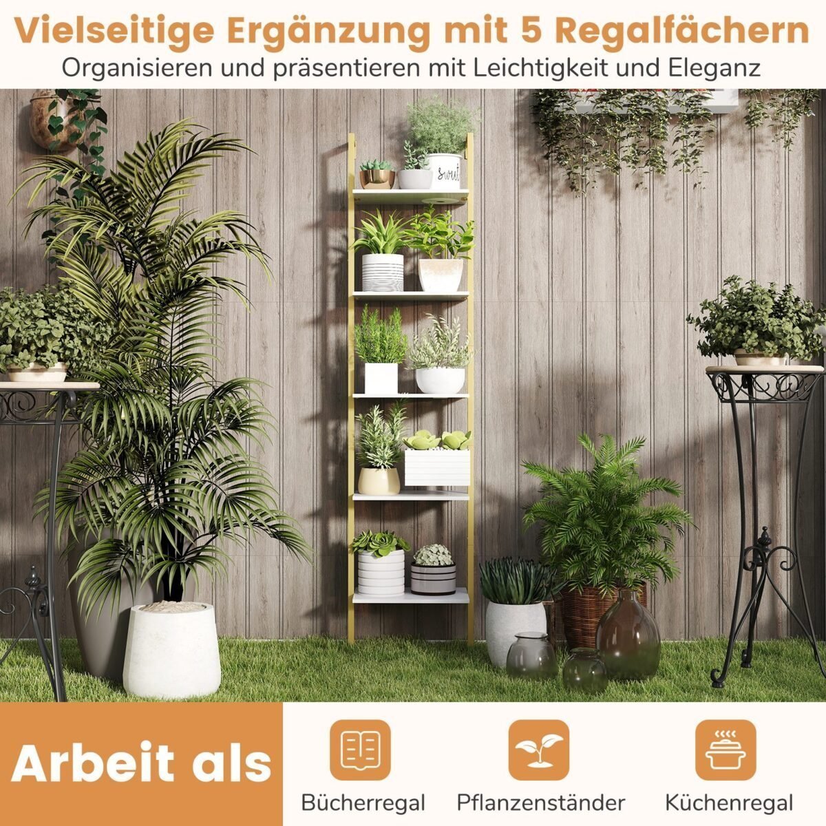 Laiptinio tipo lentynų stovas su metaliniu rėmu (Balta)