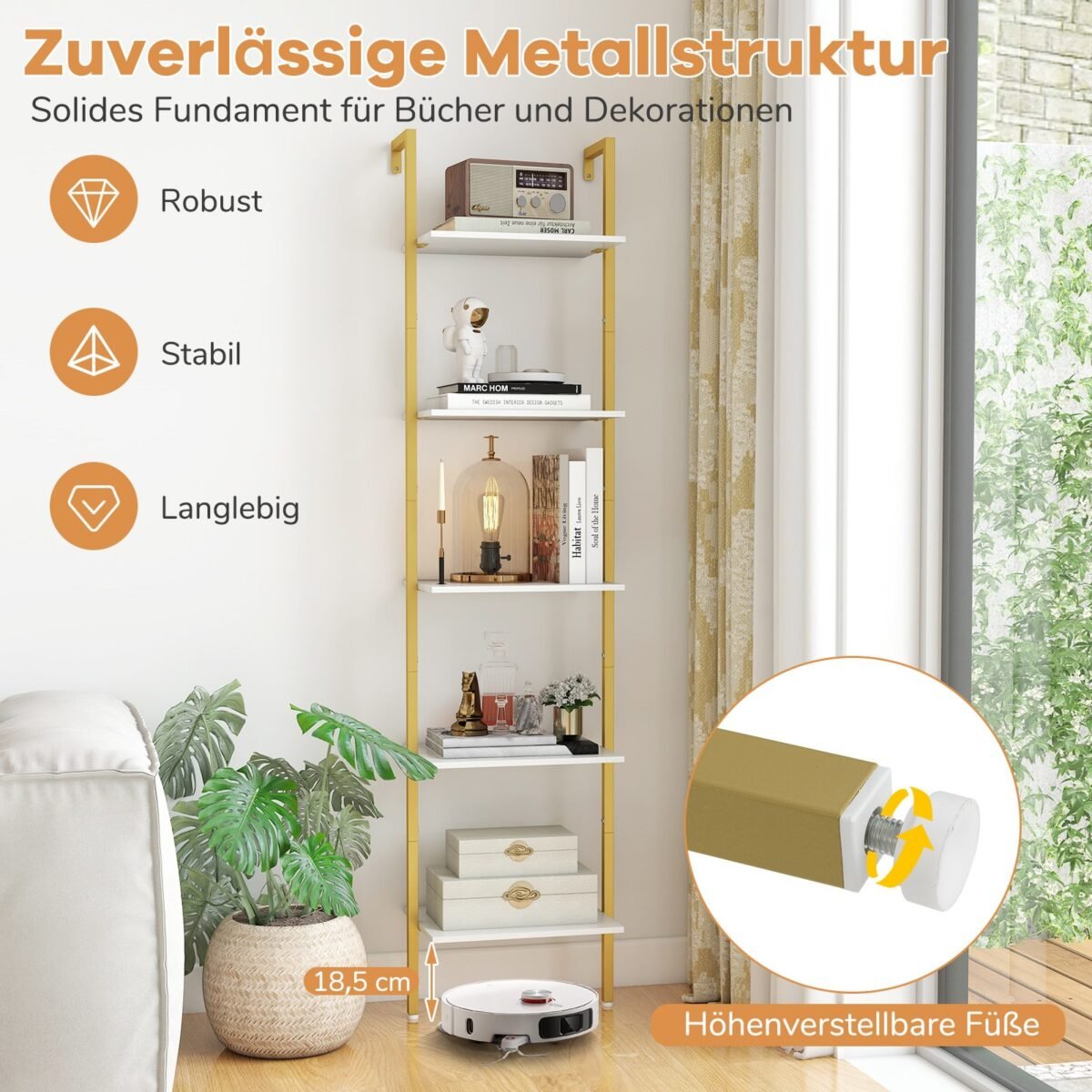 Laiptinio tipo lentynų stovas su metaliniu rėmu (Balta)