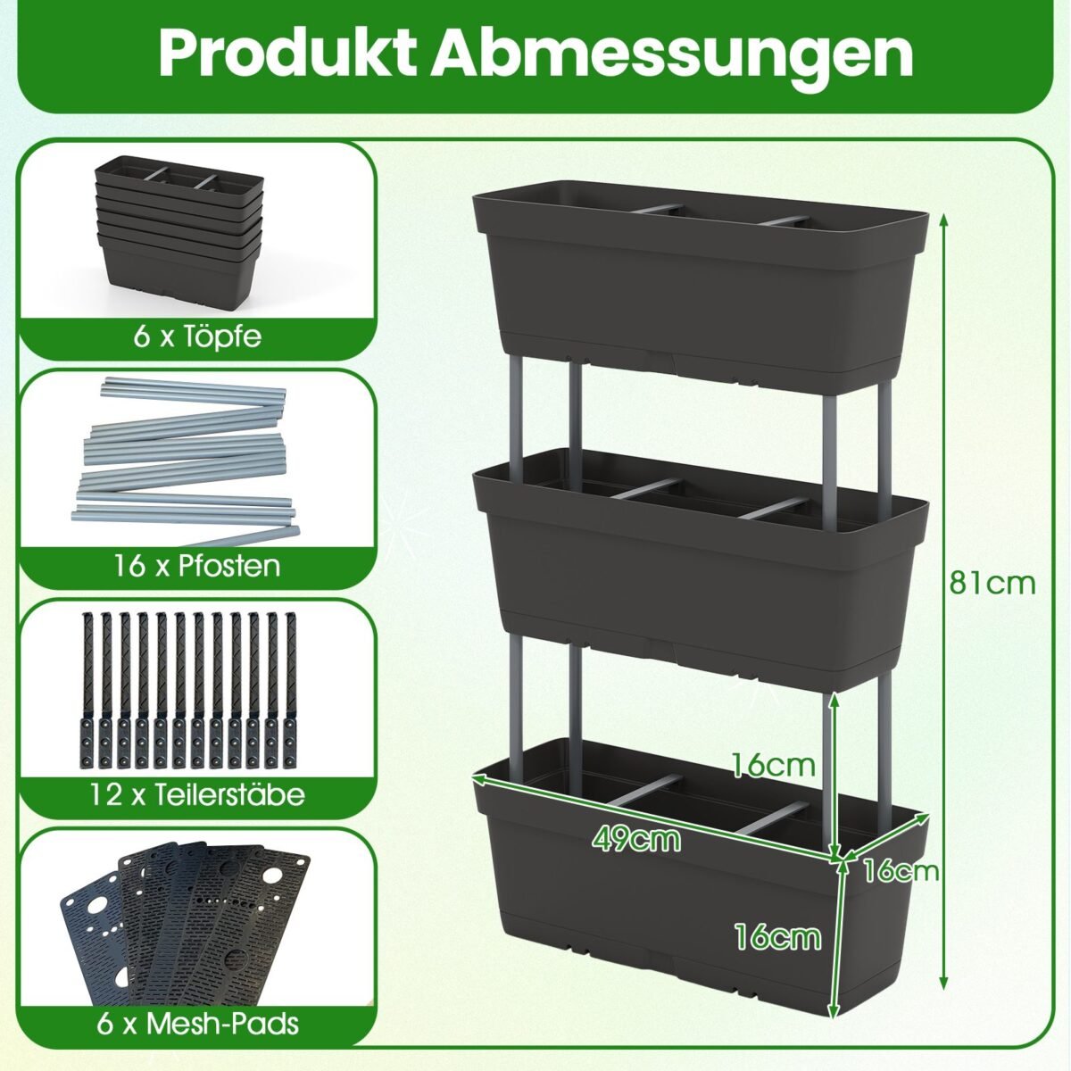 Vertikalus daugiasluoksnis gėlynų komplektas su drenažu (Juoda)