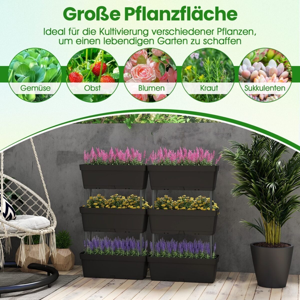 Vertikalus daugiasluoksnis gėlynų komplektas su drenažu (Juoda)