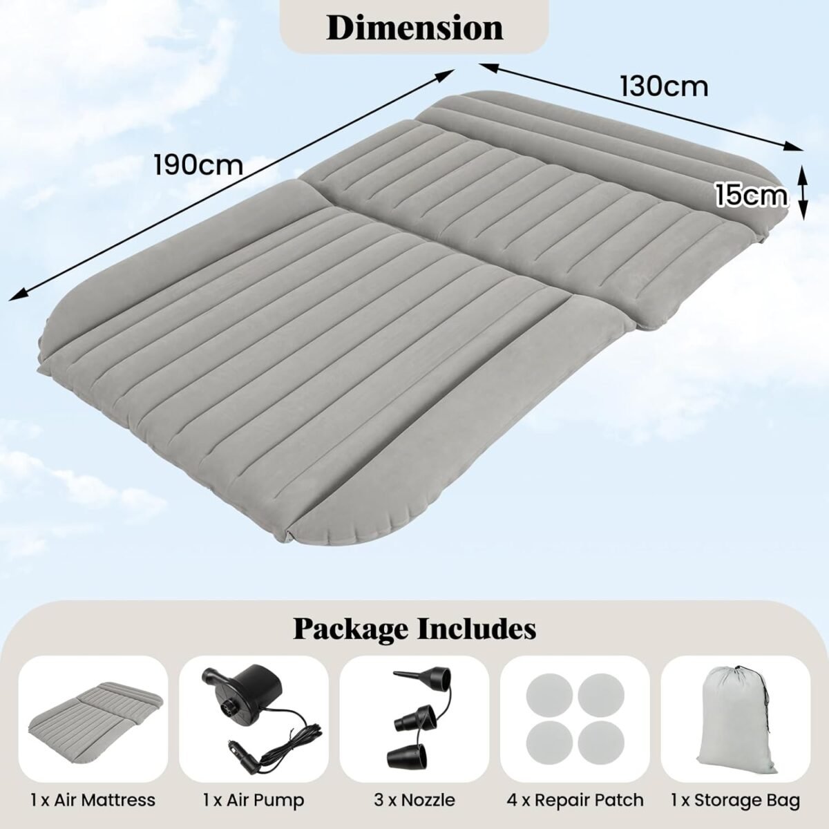 Pripučiama automobilio čiužinys 190x130 cm 7 oro kamerų (Pilka)