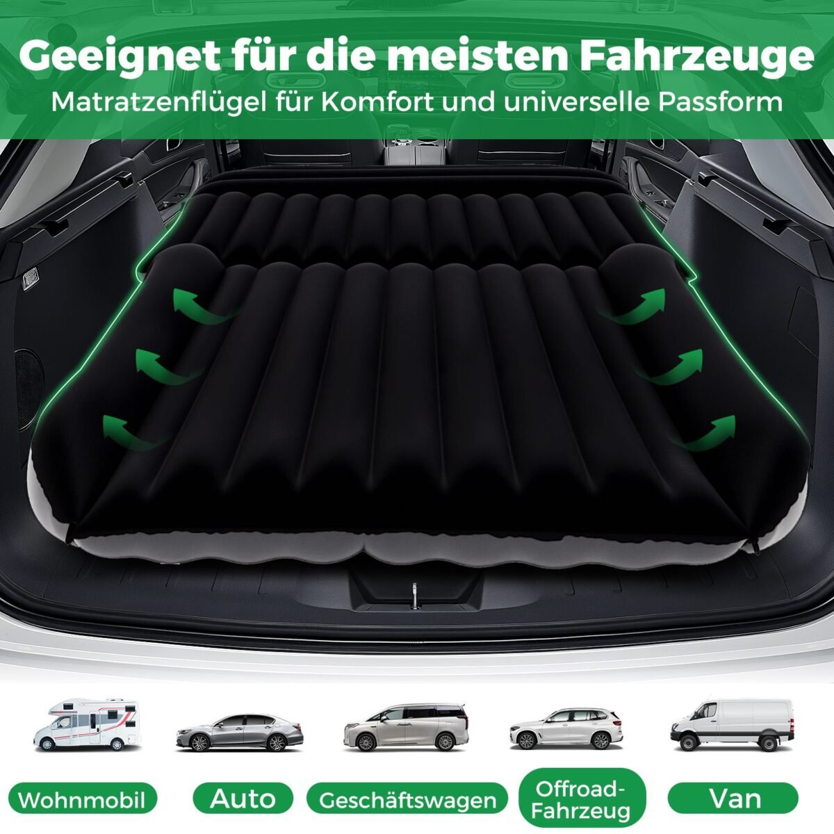 Pripučiamas automobilio čiužinys 190 x 130 cm dvipusis su pompa (Juoda)