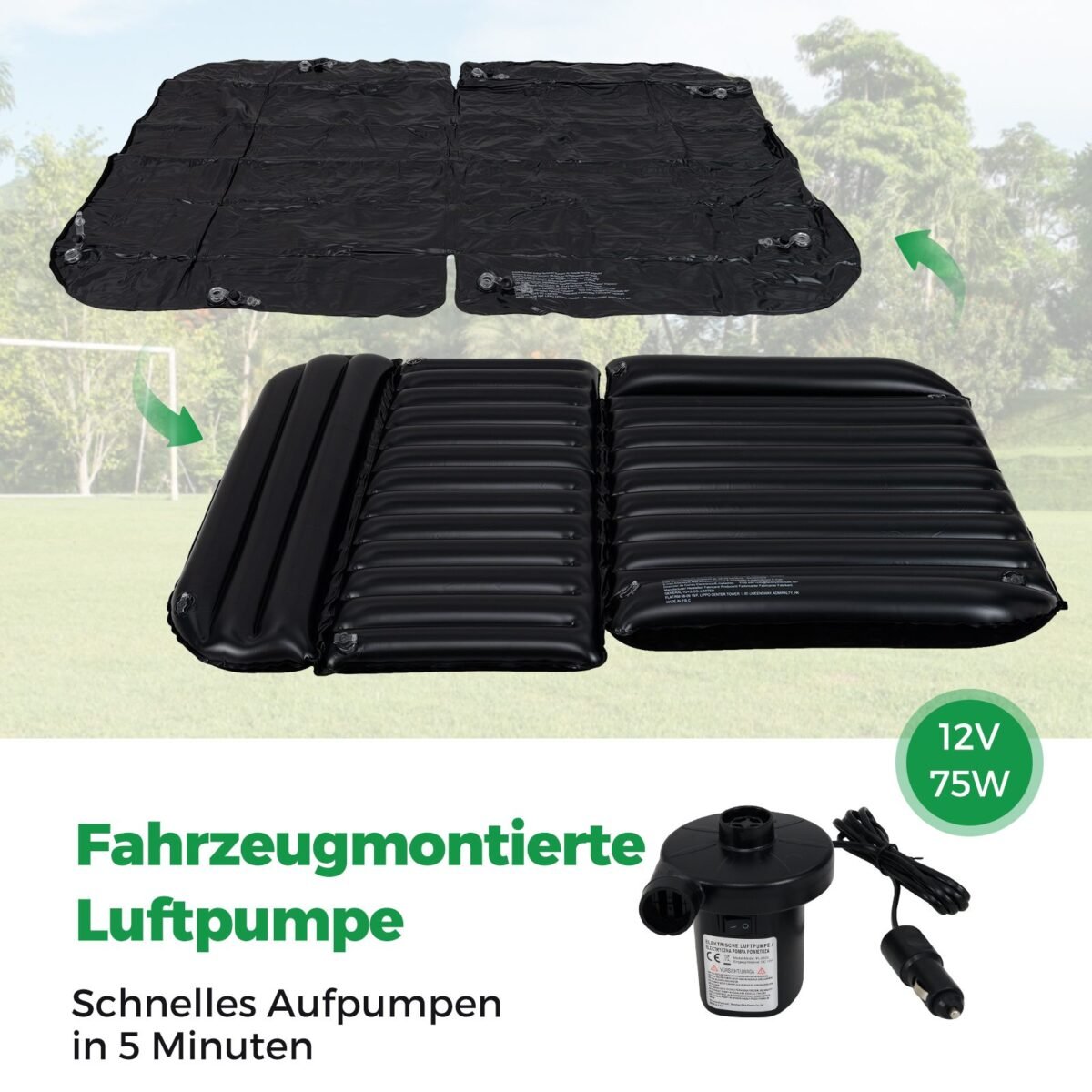 Pripučiamas automobilio čiužinys 190 x 130 cm dvipusis su pompa (Juoda)