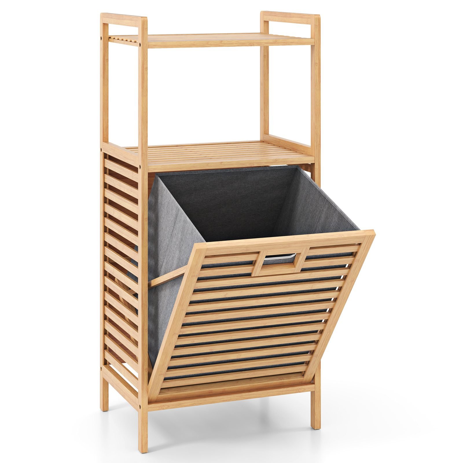 costwaybadregalmitwschekorbregalausbambusbadschrankmit2ablagenausklappbarerkorbausstoffwschesammlerfrbadezimmerwaschkchenatur435x33x96cm_1752197223777_image_2 Bambukinė spintelė su išlankstomu skalbinių krepšiu ir dviem lentynomis (Natūrali)