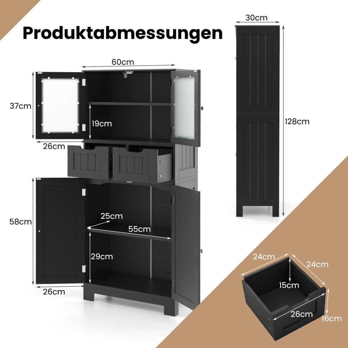 Vonios spintelė su keturiomis durelėmis ir dviem stalčiais (Juoda)