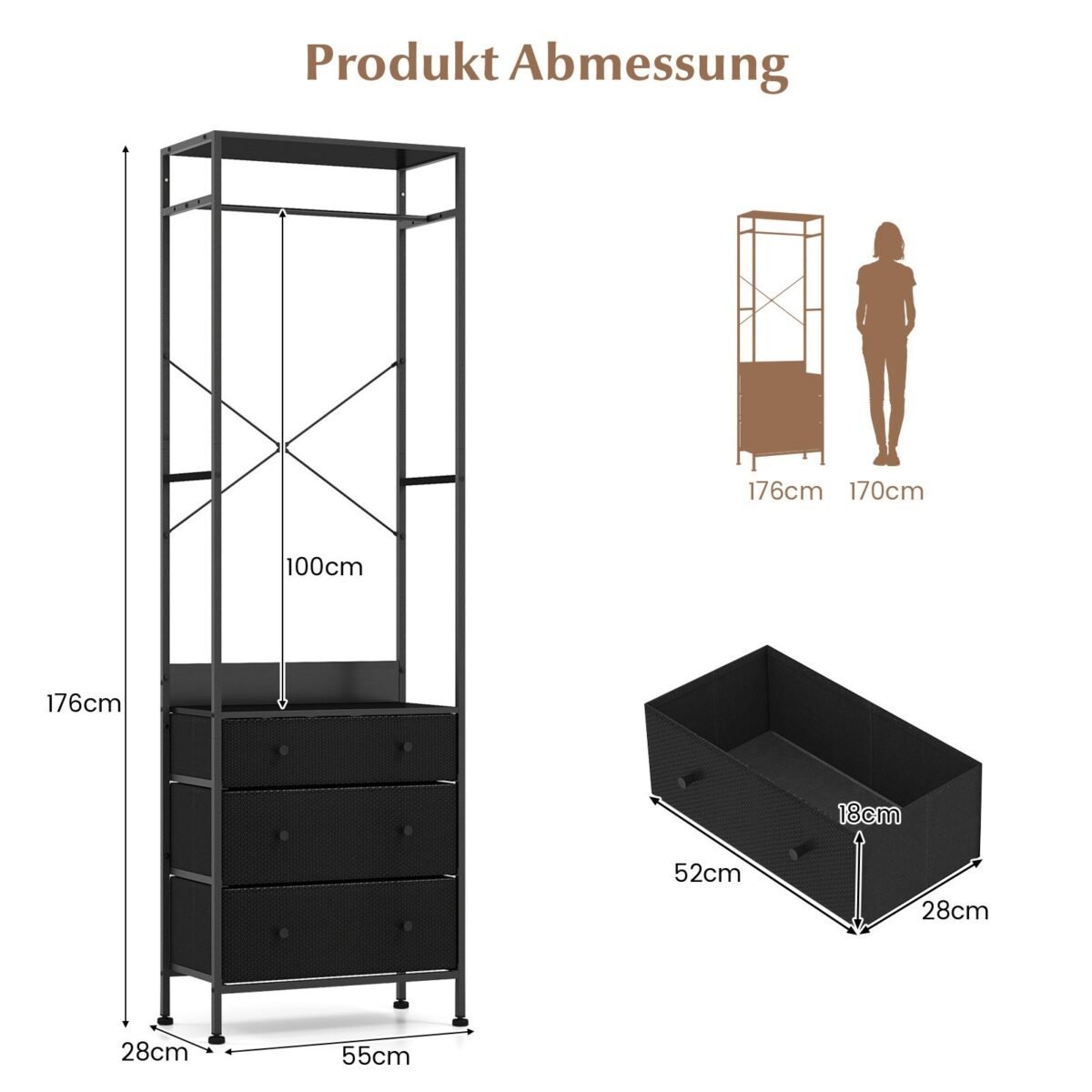 Drabužių kabykla su stalčiais ir lentynomis (Juoda)