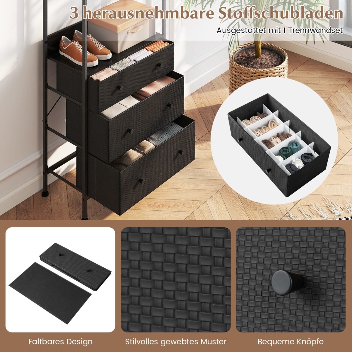 Drabužių kabykla su stalčiais ir lentynomis (Juoda)