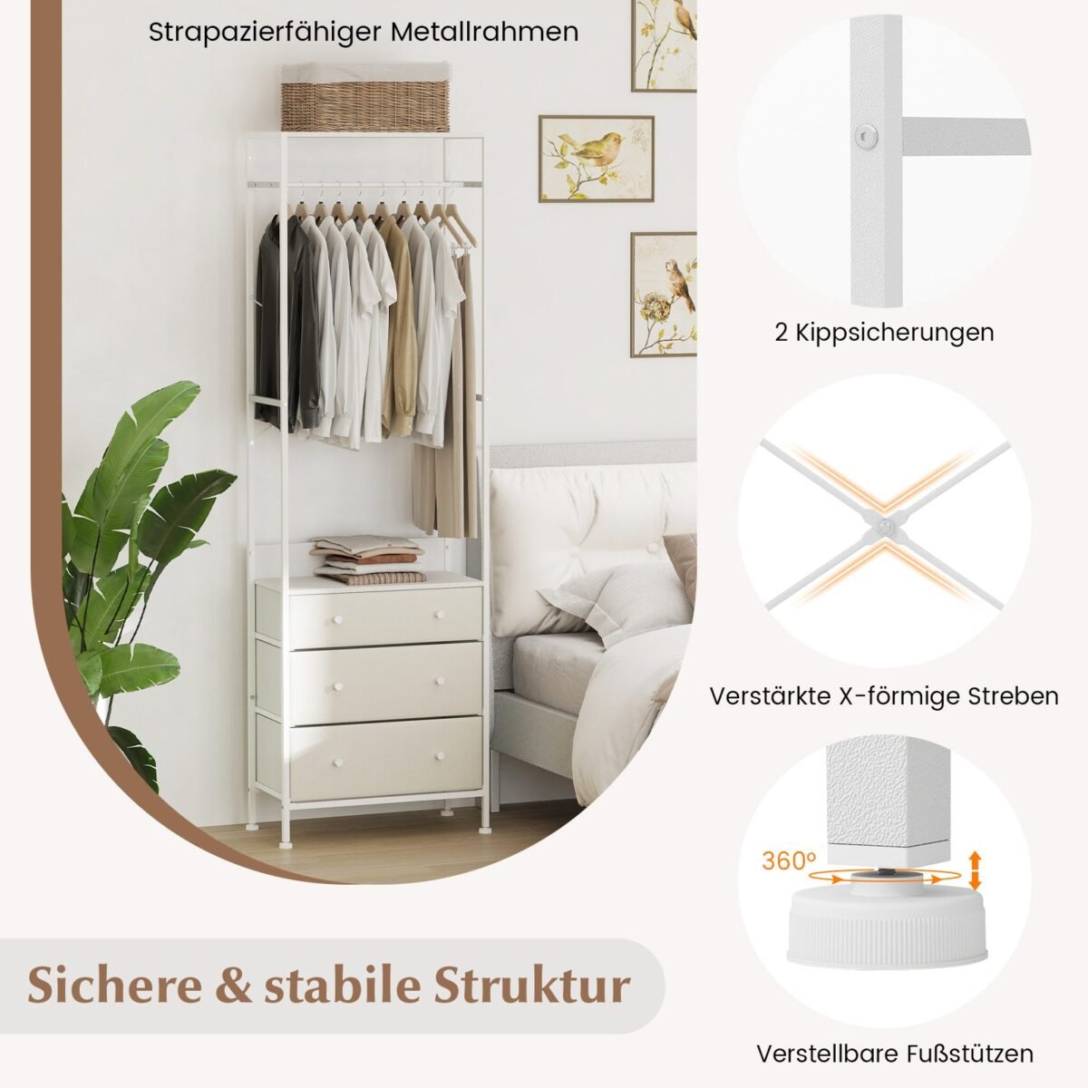 Drabužių kabykla su stalčiais ir trijų pozicijų pakabinimo strypu (Balta)