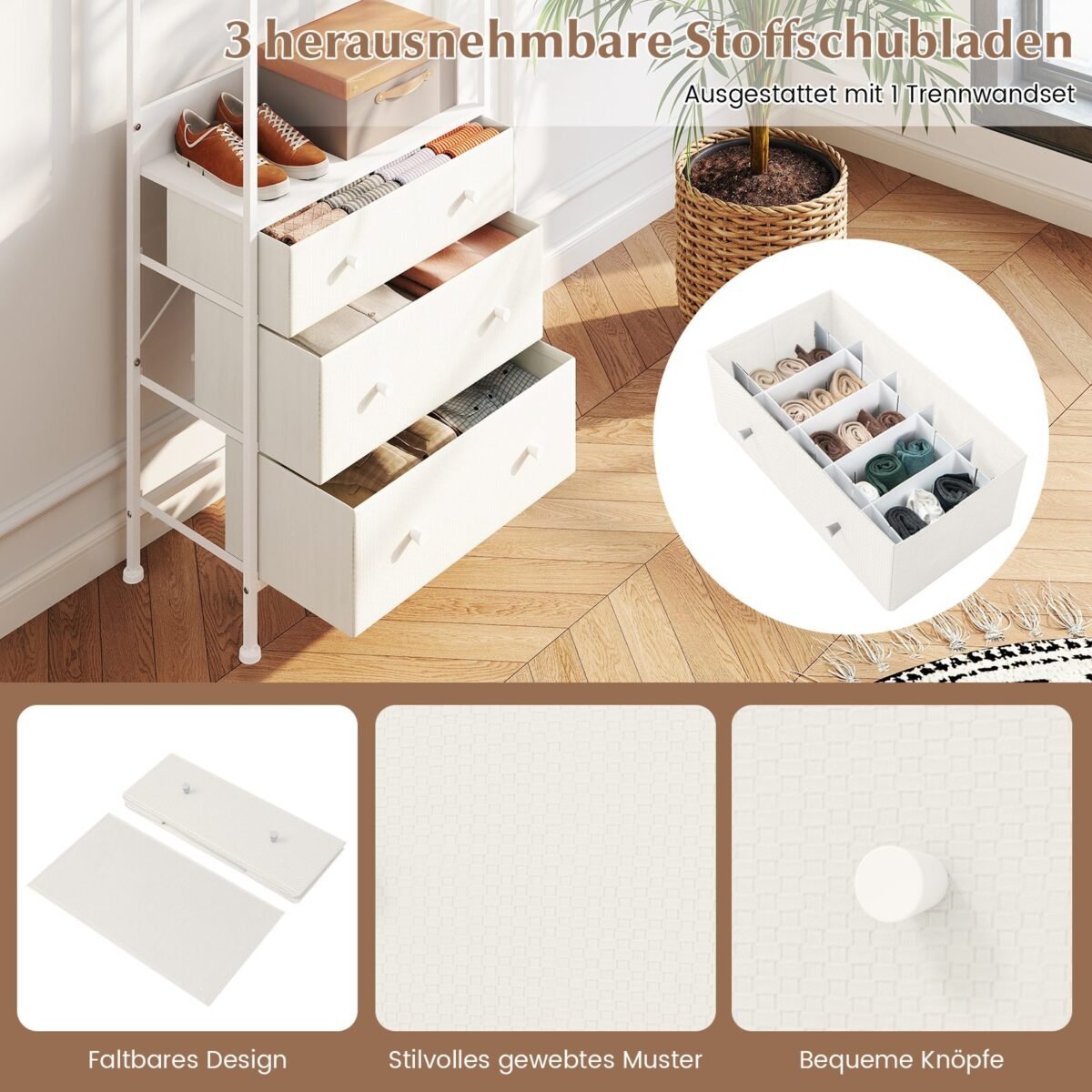 Drabužių kabykla su stalčiais ir trijų pozicijų pakabinimo strypu (Balta)