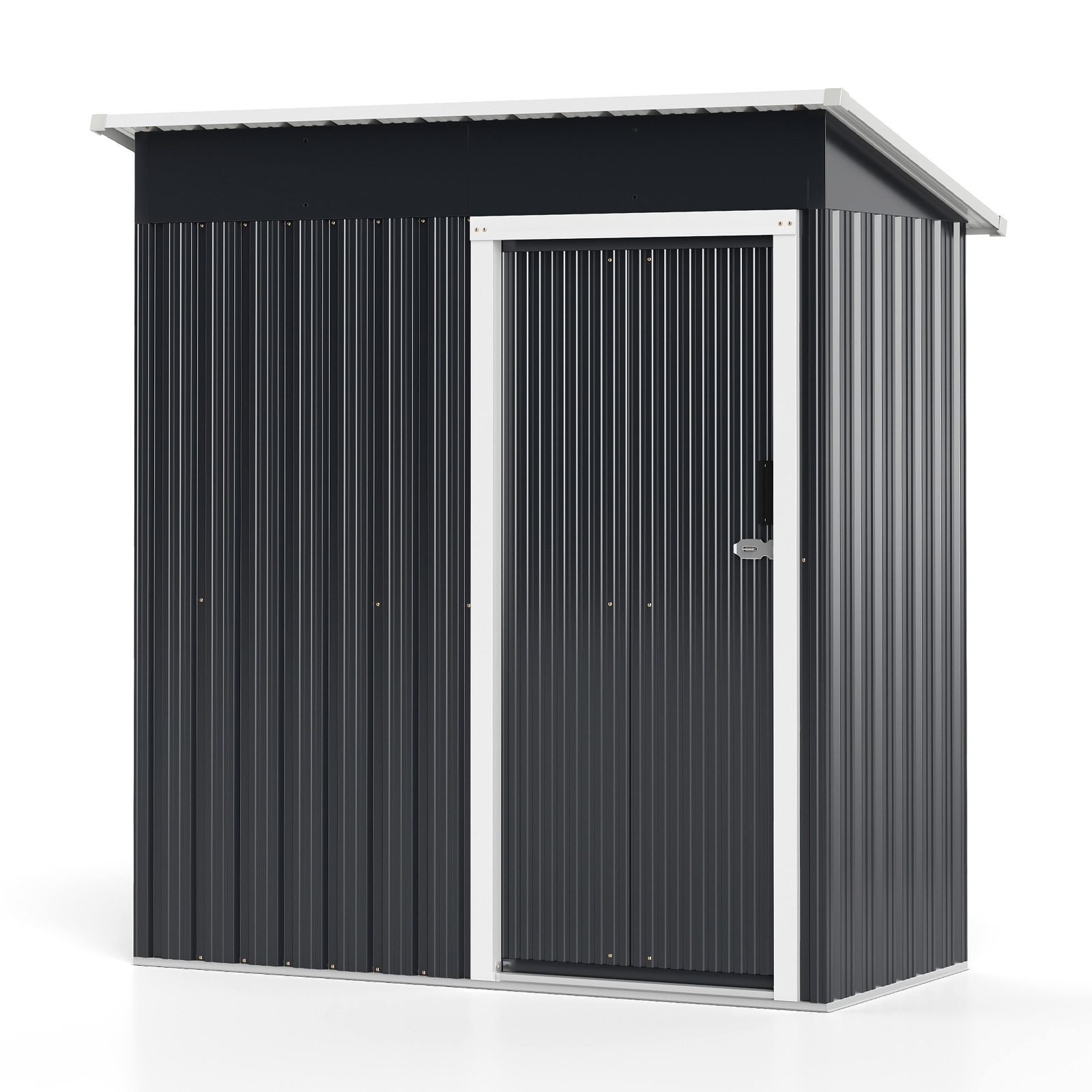 costwaygartenhausmetall163x86cmgerteschuppenwetterfestmitabschliebarerschiebetrsatteldachgertehausoutdoorfrfahrrdermlltonnenwerkzeuge_1752204952756_image_2 Metalinis sodo namelis su stumdomomis durimis ir dvipusiu stogu (Pilka)
