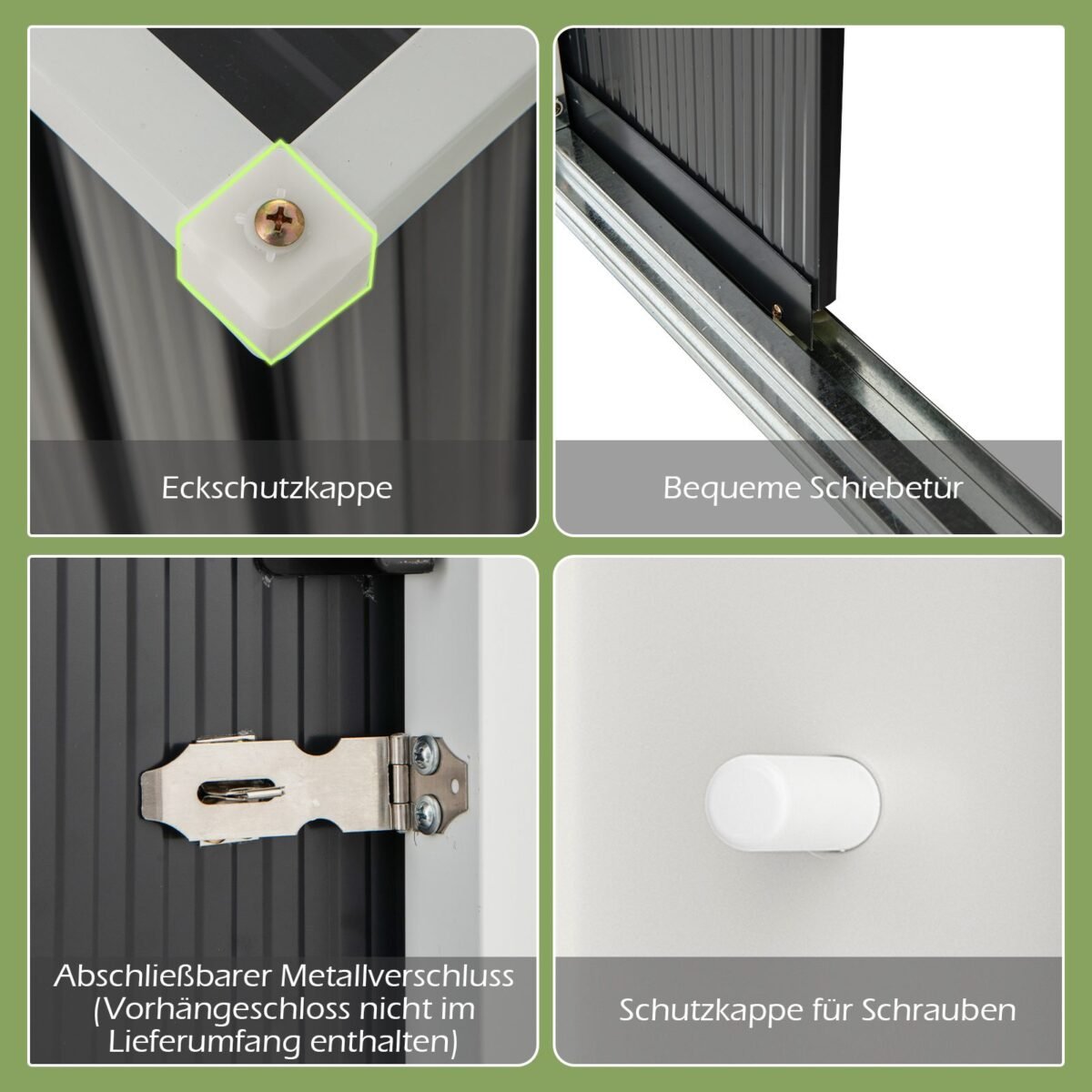 Metalinis sodo namelis su stumdomomis durimis ir dvipusiu stogu (Pilka)