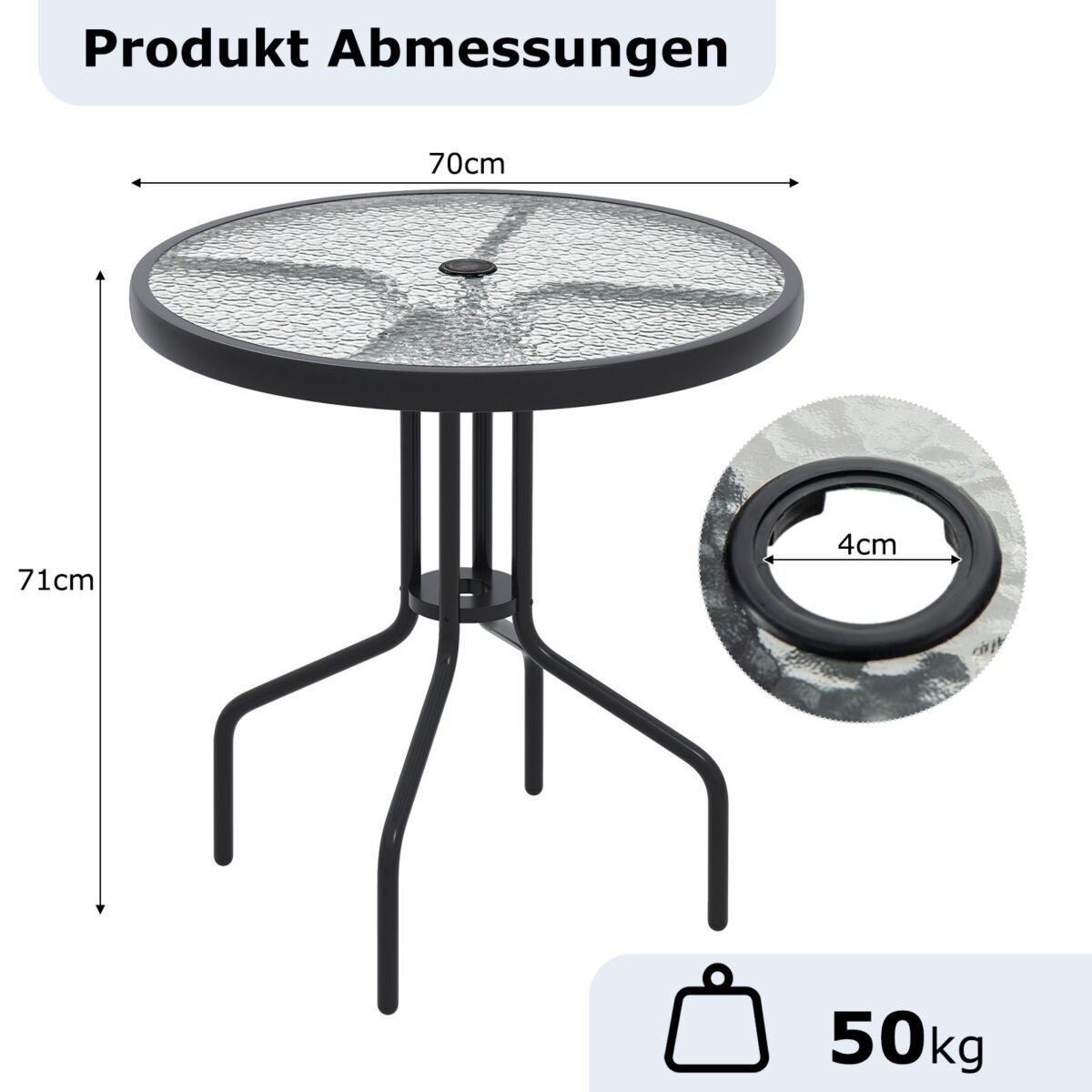 Apvalus bistro stalas su 70 cm skersmens grūdinto stiklo stalviršiu ir skėčio laikikliu (Juoda)