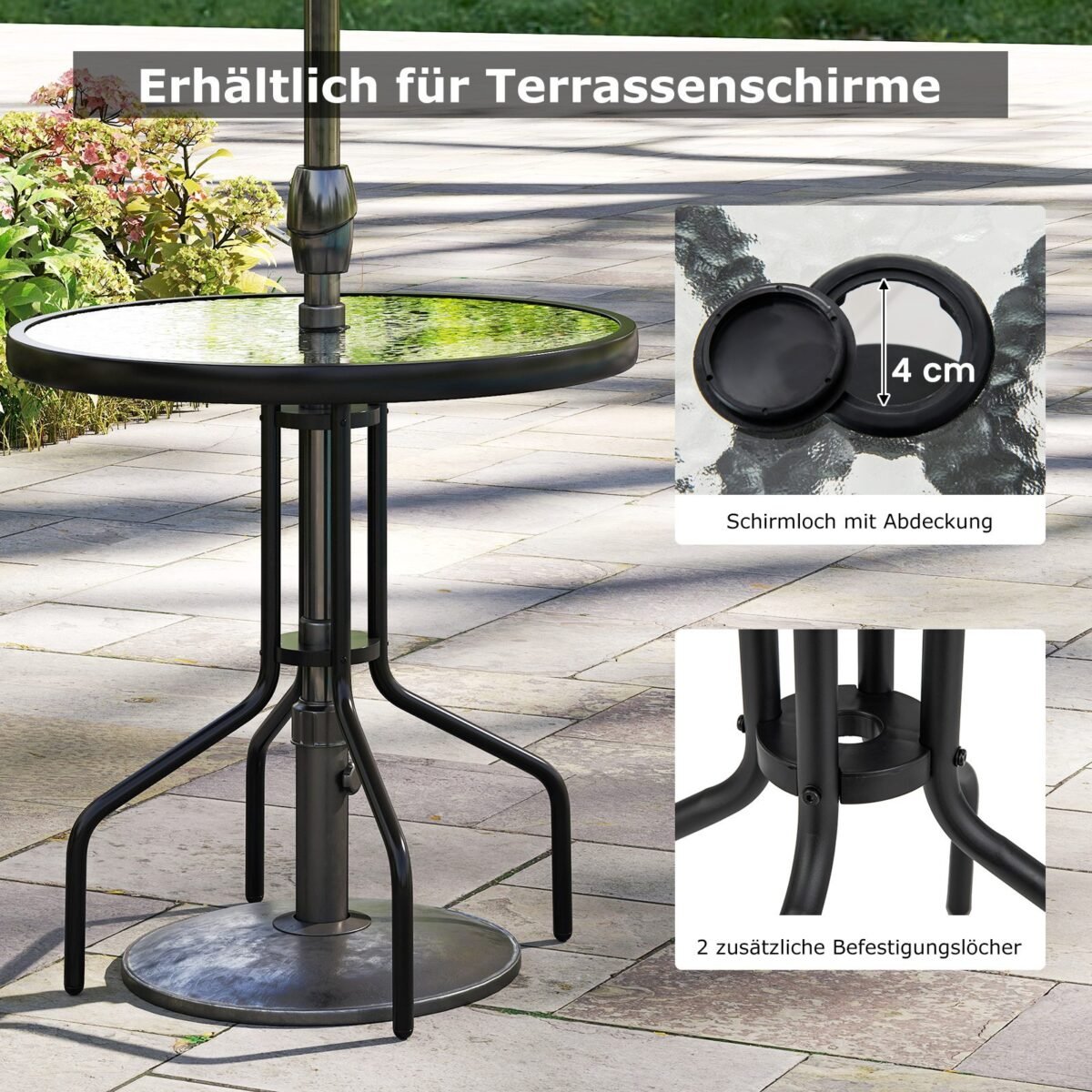 Apvalus bistro stalas su 70 cm skersmens grūdinto stiklo stalviršiu ir skėčio laikikliu (Juoda)