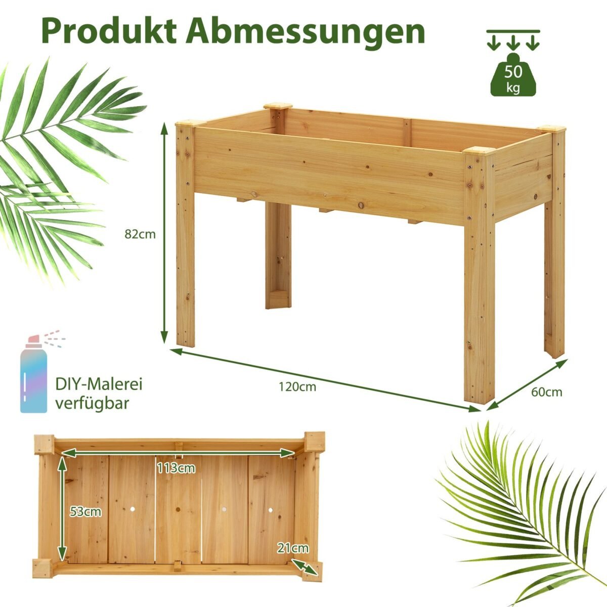 Pakeltas medinis gėlynas/daržo lysvė 120 x 60 x 82 cm (Natūrali)