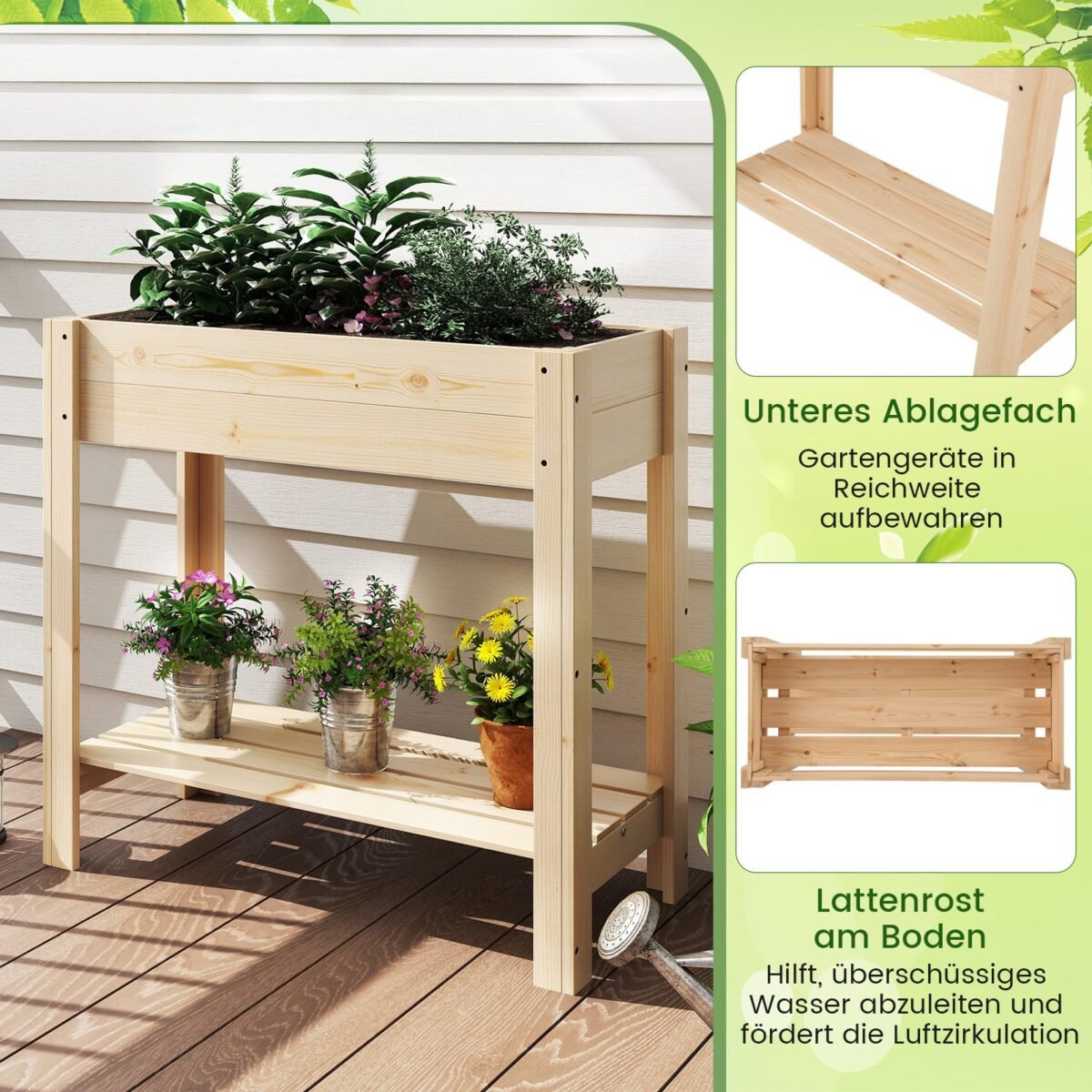 Pakeltas medinės daržo lysvės modulis su lentyna (Natūrali)