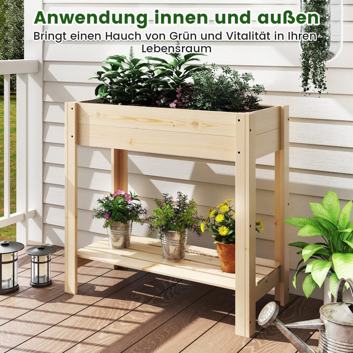 Pakeltas medinės daržo lysvės modulis su lentyna (Natūrali)