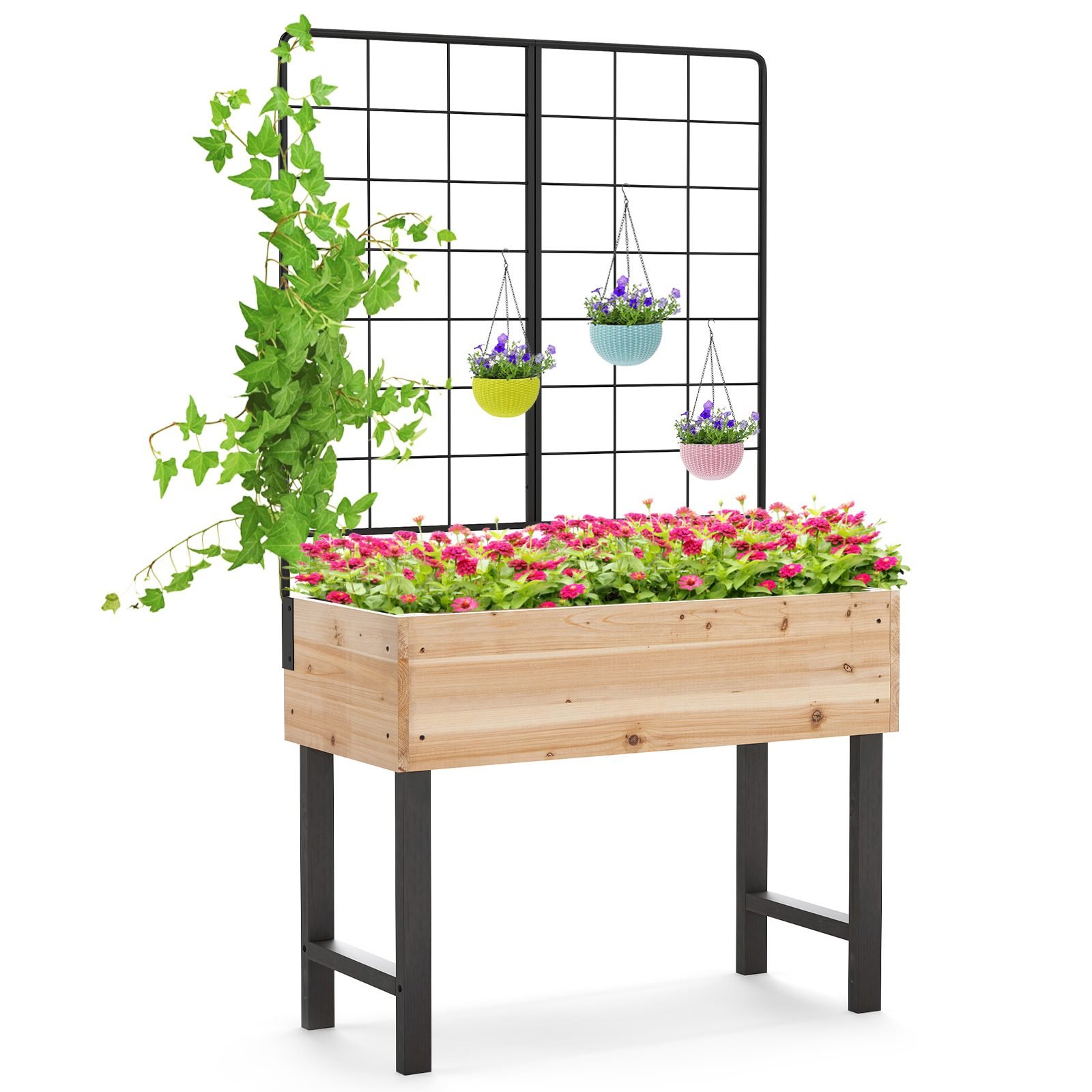 costwayhochbeetmitspalierblumenbeetmitablauflcherngartenbeetpflanzkastenholzblumenkastenmitrankgitterfrkletterpflanzengartenbalkonterrassemetallrahmen79x35x108cm_1752226479655_image_2 Pakeliamoji lysvė su grotelėmis ir lentyna (Juoda)