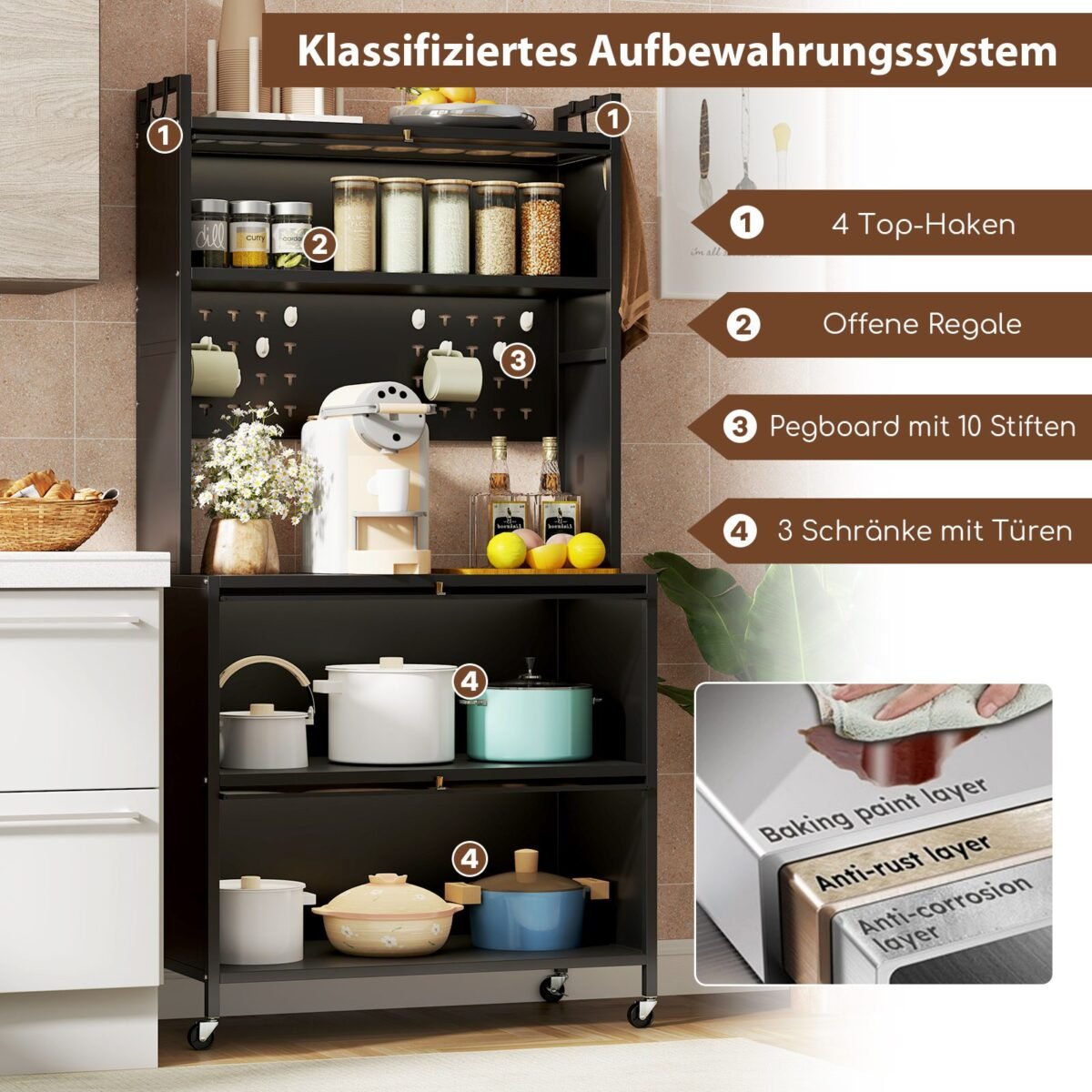 Virtuvinė spintelė su ratukais ir pertvaromis (Juoda)