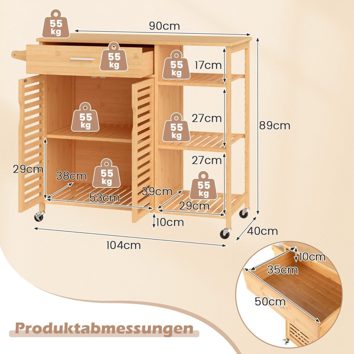 Virtuvės vežimėlis su stalčiais ir spintelėmis bambuko ir medžio masyvo (Natūrali)
